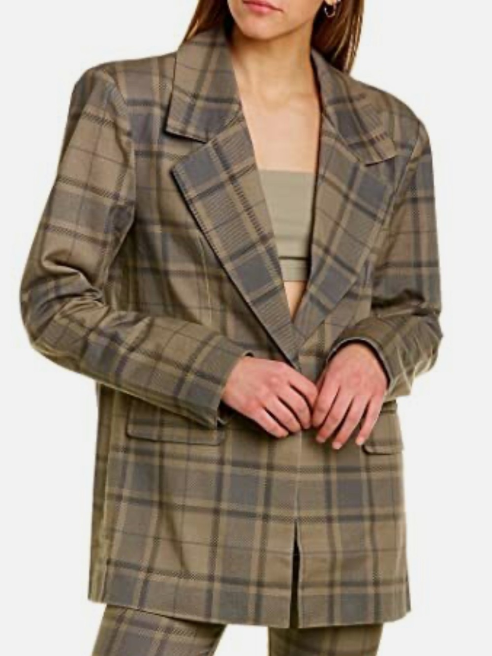 WeWoreWhat‎ Cool Plaid Green Olive Taupe Plaid Oversized Blazer